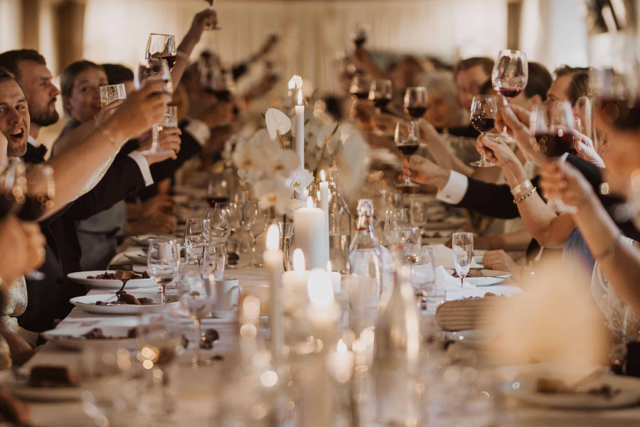 mennesker som sitter ved et lang bord og skåler