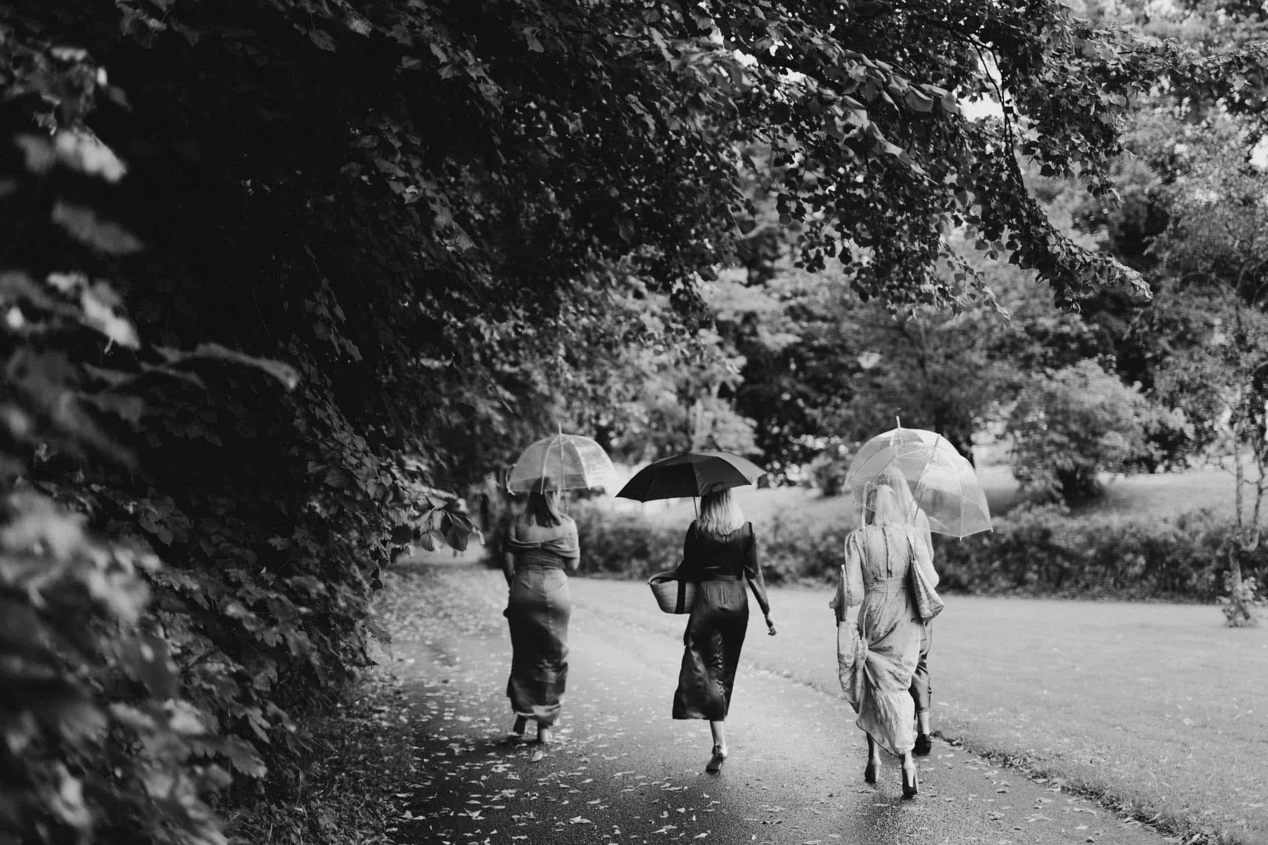 tre kvinner som går under trær